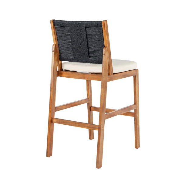 English Elm 4 Piece Outdoor Acacia Wood Wicker Bar Stools Set with Cushioned Patio Seating Black,Cream,Teak N773OB00131R