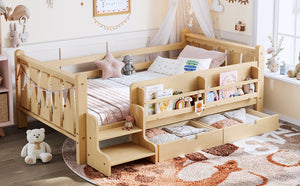 English Elm Twin Pine Floor Bed with Guardrails Built-in Bookcases and Stair Steps for Kids Light Natural W1580P430201