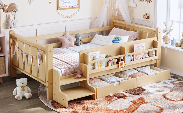 English Elm Twin Pine Floor Bed with Guardrails Built-in Bookcases and Stair Steps for Kids Light Natural W1580P430201
