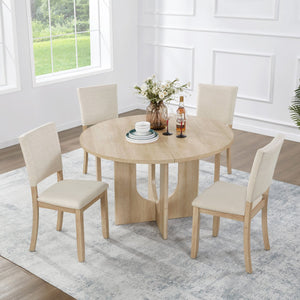 English Elm 47.3" Round Oak Dining Set Seats Four with Linen Upholstered Chairs for Modern Kitchens W1998S00087