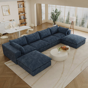 English Elm 157.6" Corduroy Modular Cloud Sofa Feather Fill Deep Lounge Seating for Living Room Blue W2824S00154