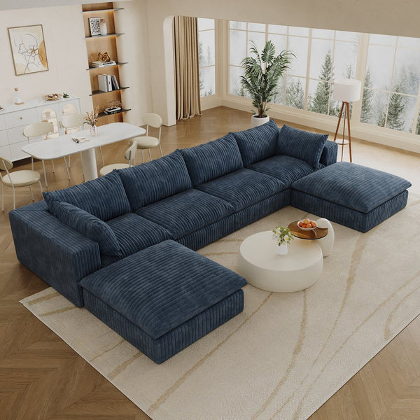 English Elm 157.6" Corduroy Modular Cloud Sofa Feather Fill Deep Lounge Seating for Living Room Blue W2824S00154