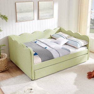 English Elm Full Size Gingham Linen Daybed with Wave Backrest Trundle and Usb Charging Port Green W1413S00139