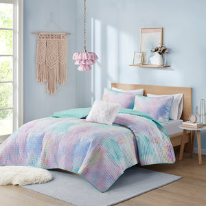 JLA Home Intelligent Design - Watercolor Dream Tie-Dye Quilt Set with Reversible Aqua Backing, Hypoallergenic OEKO-TEX Comfort 90 L x 68 W x 0.25H ID13-2289