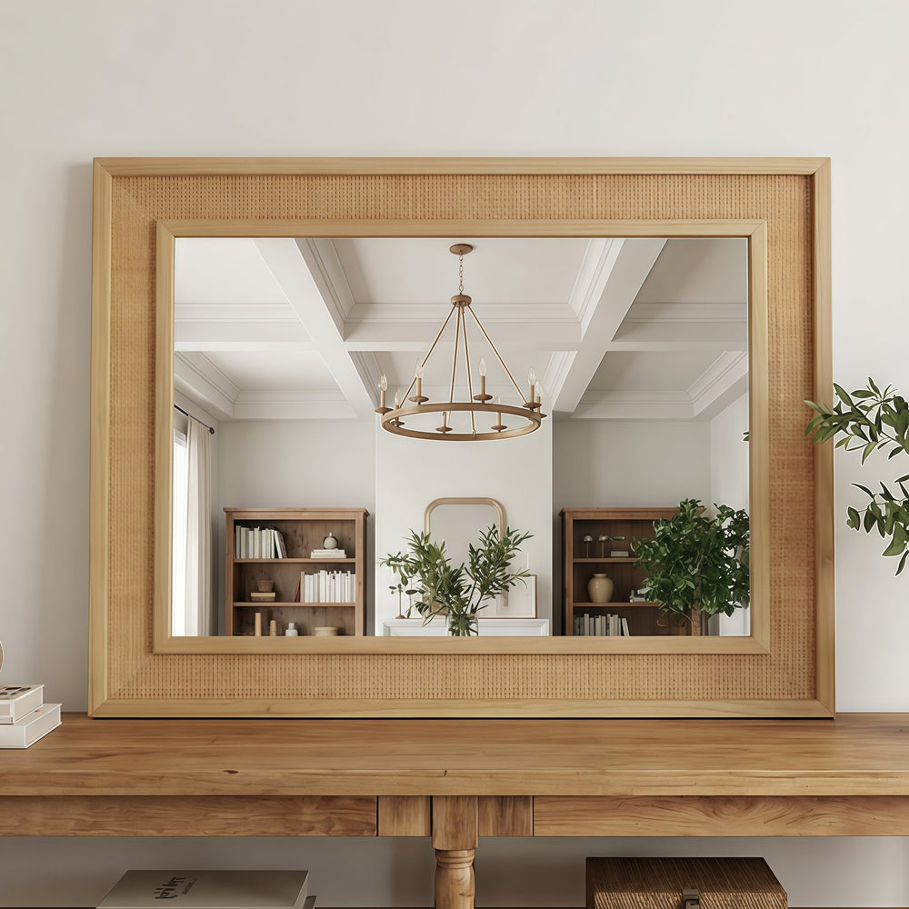 English Elm Natural Rattan Wrapped Solid Wood Rectangular Mirror Handcrafted Farmhouse Bathroom Entryway Natural Wood W2203P436617