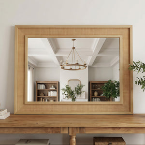 English Elm Natural Rattan Wrapped Solid Wood Rectangular Mirror Handcrafted Farmhouse Bathroom Entryway Natural Wood W2203P436617