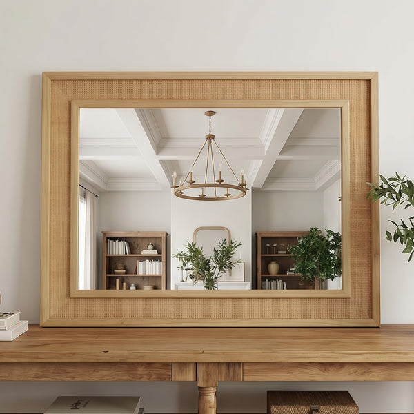 English Elm Natural Rattan Wrapped Solid Wood Rectangular Mirror Handcrafted Farmhouse Bathroom Entryway Natural Wood W2203P436617