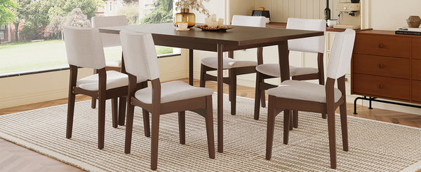English Elm 7-piece Rectangular Rubberwood Dining Set with Six Linen Upholstered Stackable Chairs Dark Walnut N752S000018D