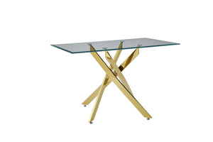 English Elm Modern Tempered Glass Dining Table with Metallic Iron Frame for Compact Spaces Golden W3590S00007