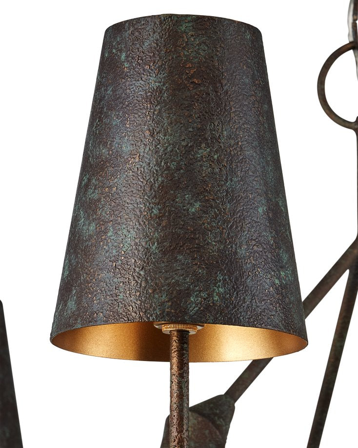 Currey & Company Anselm Chandelier: Brutalist Elegance With Textured Verdigris Bronze & Shimmering Gold Finish Black Wrought Iron 9000-1311-currey-company