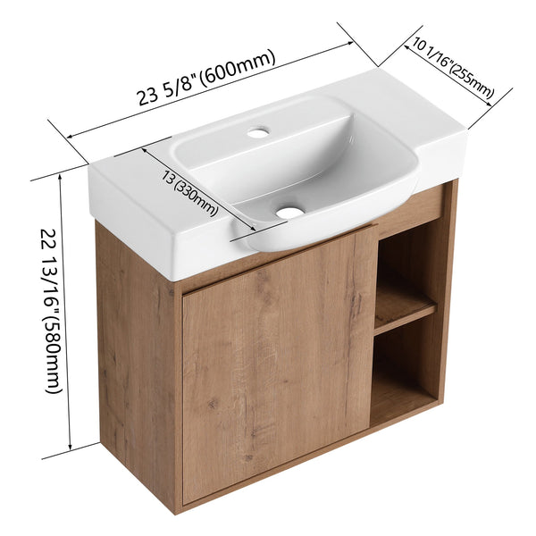 English Elm 24'' Floating Wall Mounted Bathroom Vanity with Ceramic Sink and Soft Close Cabinet Imitative Oak W999P426630