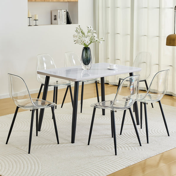 English Elm Table Set with Marble Glass Top Six Transparent Chairs for Modern Dining Spaces W1151S04633