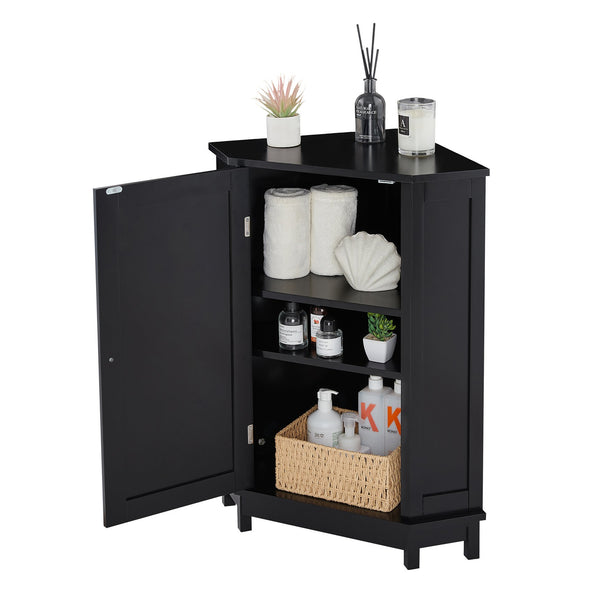English Elm Black Triangle Corner Bathroom Cabinet with Adjustable Shelves, Modern MDF Storage for Towels & Supplies N725P333564B