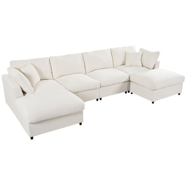 English Elm U_style Six Seat Chenille U Shaped Sectional Modular Sofa with Movable Ottomans Beige WY000474AAA