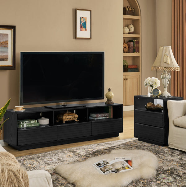 English Elm 63" Mid-Century Modern TV Stand for TVs up to 75" — Solid Wood Drawer Media Console, Louvered Farmhouse Design, Outlet Holes, Durable MDF Finish W1801P291993