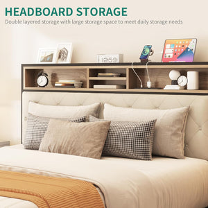 English Elm Queen Upholstered Platform Bed with USB Charging & Storage Headboard, Metal Slats, Beige Elegance W2904P372195