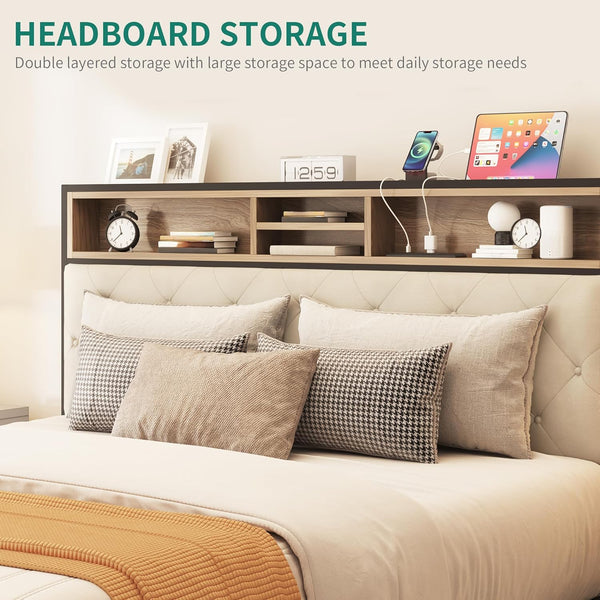 English Elm Queen Upholstered Platform Bed with USB Charging & Storage Headboard, Metal Slats, Beige Elegance W2904P372195