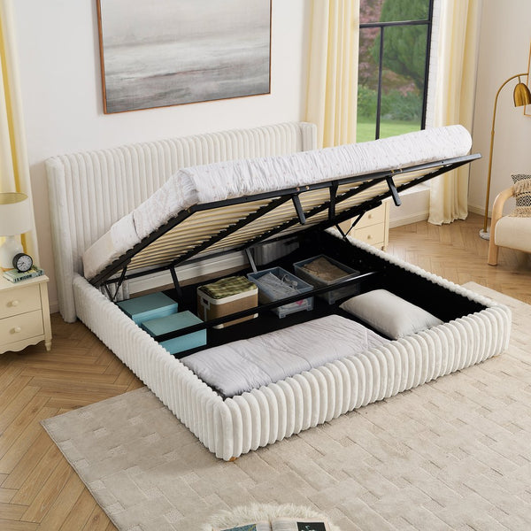 English Elm King Corduroy Upholstered Storage Bed Hydraulic Lift Ribbed Plush Cream Platform W1413S00182
