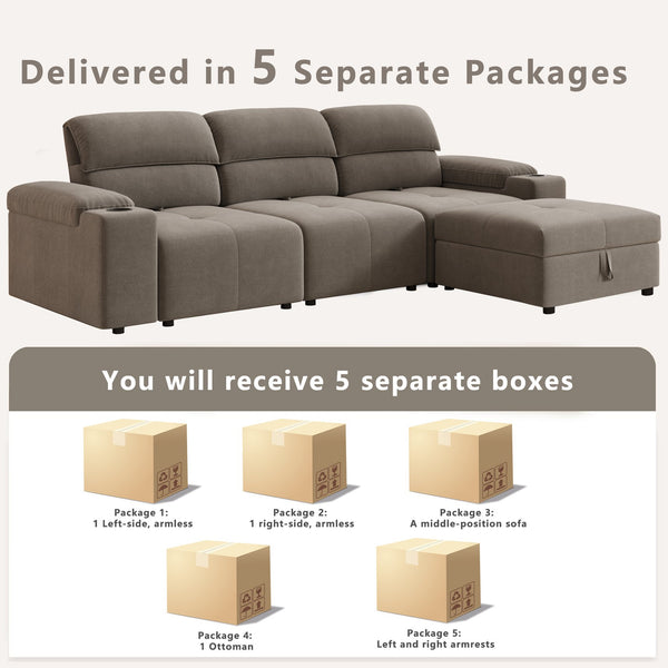 English Elm Modern Modular L-shaped sectional sofa 105-inch cloud deep-seat 4-seat cotton comfort with ottoman and storage Brown W3820S00009