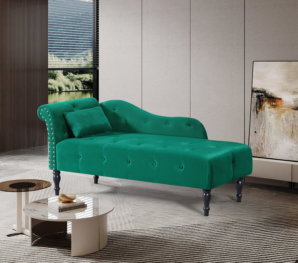 English Elm Aijia 60.6" Green Velvet Chaise Lounge With Button Tufting, Nailhead Trim & Pillow For Comfort W1117P284890