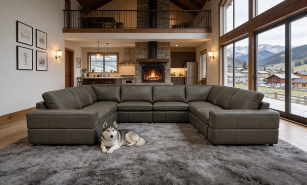English Elm Premium Leather Match Sectional with Dual Recliners Wide Square Arms Living Room Olive Green B2748S00160