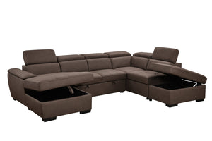 English Elm 128"Sofa U-Shaped Sectional with Pull-Out Bed, Storage Chaises, Adjustable Headrests for Comfort Dark Brown W1417S00087