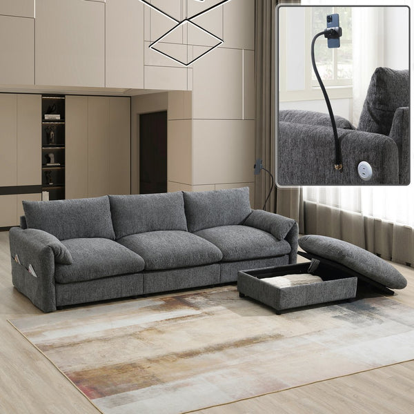 English Elm [video]96.5'' Chenille L-shaped Sectional with Usb Charging Ottoman Pockets Living Room N723S8776E