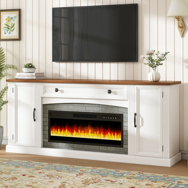 English Elm On-trend Farmhouse Electric Fireplace Console Walnut Veneer Media Cabinet for Living Room White N721S000069K