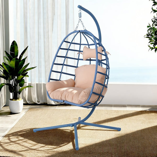 English Elm Egg Hanging Chair with Stand Pe Rattan Swing Seat Washable Cushion Patio Bedroom T5880P497434