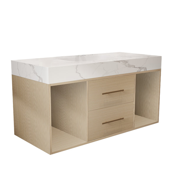 English Elm 39.4 Inch Floating Bathroom Vanity Sintered Stone Top Solid Wood 2 Soft Close Drawers W3136S00030
