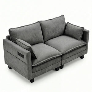 English Elm Modern Chenille Three Seat Sofa with Ottoman Usb Charging Ports and Storage Pockets Dark Grey W2519S00003