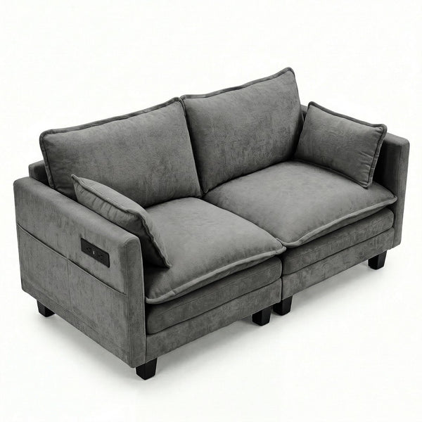 English Elm Modern Chenille Three Seat Sofa with Ottoman Usb Charging Ports and Storage Pockets Dark Grey W2519S00003