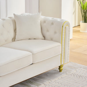 English Elm 86" Chesterfield Velvet Three Seat Sofa Button Tufted Rolled Arms Gold Legs Living Room Beige W3373S00079