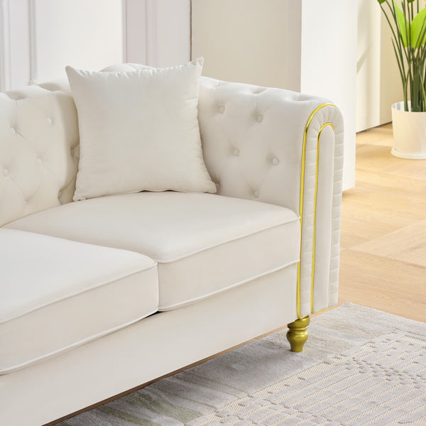 English Elm 86" Chesterfield Velvet Three Seat Sofa Button Tufted Rolled Arms Gold Legs Living Room Beige W3373S00079