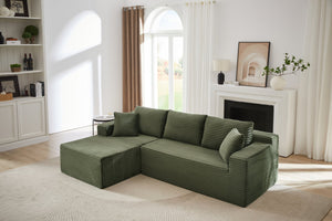 English Elm L-Shaped Cloud Sectional Sofa - Cozy Green Corduroy Modular Sleeper For Living Room & Apartment Use W2339P294930