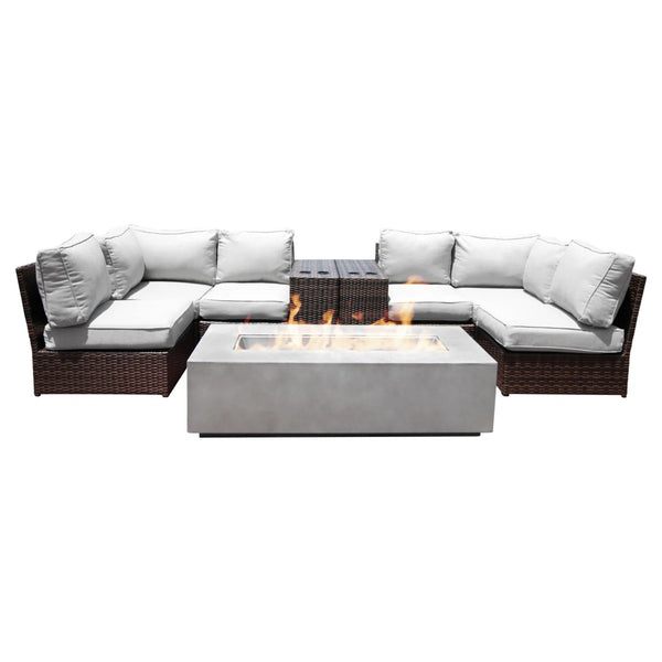 English Elm 9-Piece Modular Outdoor Wicker Seating Set with 60,000 BTU Concrete Fire Pit & Ultra-Soft Cushions B120S00246