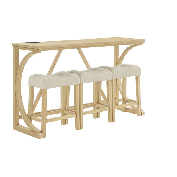 English Elm 59 Inch Bar Table Set with Power Outlet Rubberwood Frame and 3 Linen Stools Light Oak W2972P385256