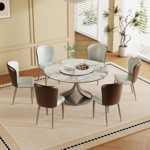 English Elm 59" Round Dining Table With 360° Rotating Lazy Susan - Scratch-Resistant Stone Top For Family Gatherings W2699S00055