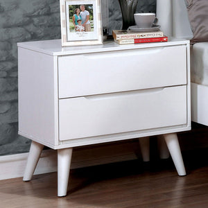 English Elm Mid-Century White Nightstand with Solid Wood Veneer, 2-Drawer Bedside Table, Tapered Round Legs, Recessed Handles B011P218338