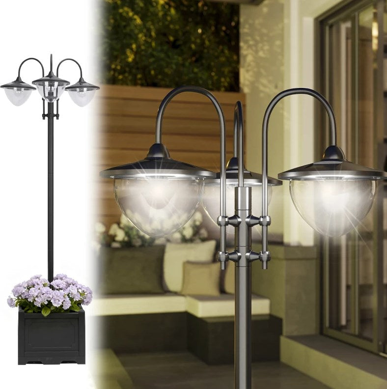 English Elm Solar Three Head Lamp Post with Built-in Planter Base for Pathway Driveway Patio T3971P420698