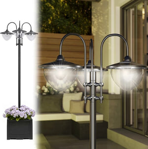 English Elm Solar Three Head Lamp Post with Built-in Planter Base for Pathway Driveway Patio T3971P420698