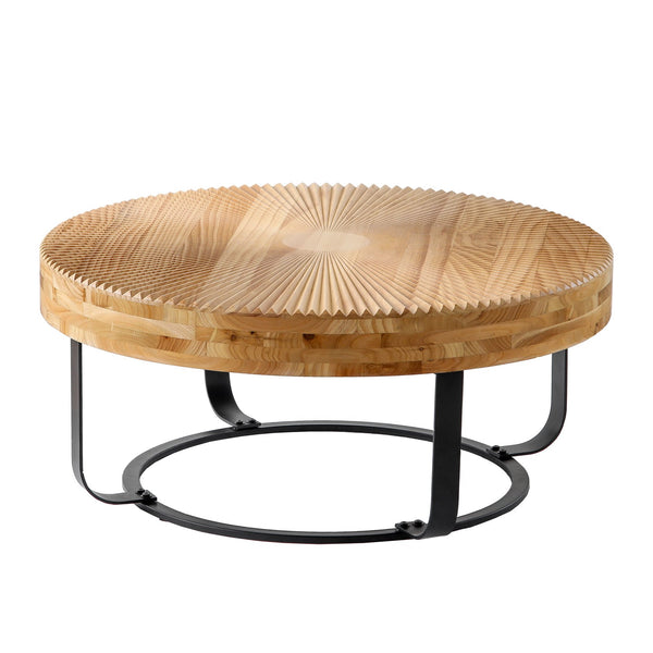 English Elm Modern Round Pine Coffee Table with Carved Wood Top and Sleek Metal Legs for Stylish Living Spaces Natural+Black W757P186923