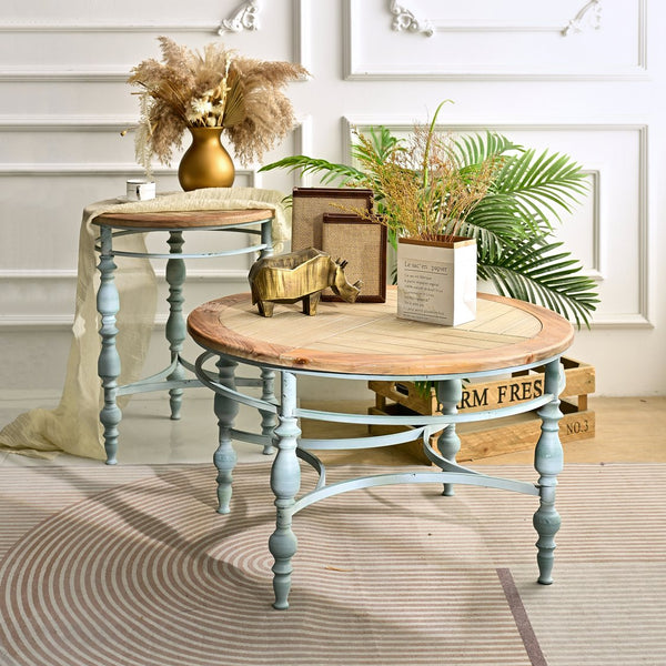 English Elm 31.50" Hand-carved Distressed Wood Round Coffee Table with Metal Legs for Living Room W3933P379162