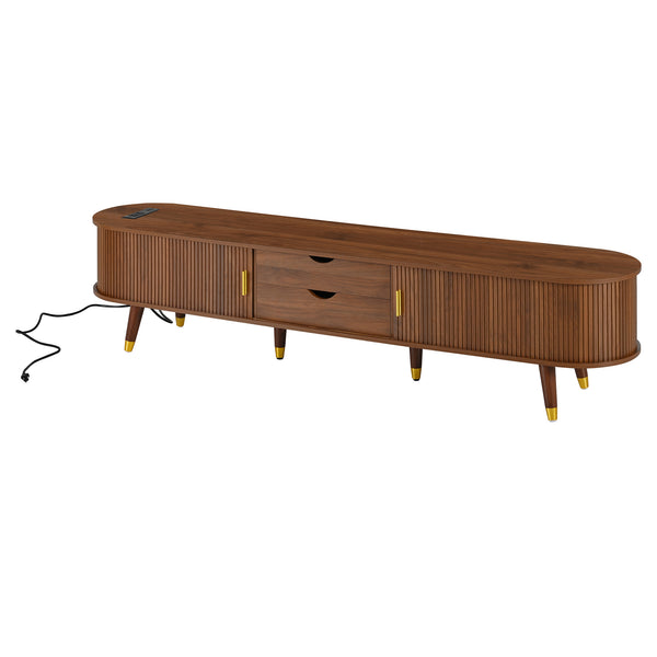 English Elm Wooden Fluted Tambour Media Console Mid Century Modern Tv Stand with Built in Charging Walnut N721P428444D