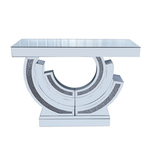 English Elm 3C Silver Crushed Diamond Mirrored Console Table – Modern Curved 3D Hallway Accent for Living Room W3836P362145