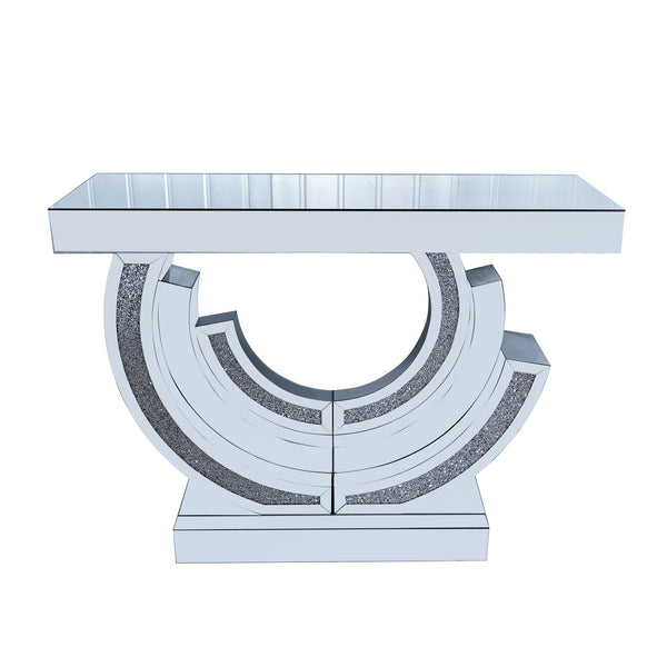 English Elm 3C Silver Crushed Diamond Mirrored Console Table – Modern Curved 3D Hallway Accent for Living Room W3836P362145