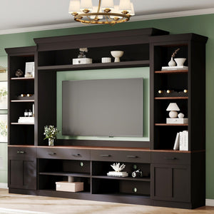English Elm Farmhouse Mid-century Entertainment Center Walnut Black with Wine Rack for Living Room N721S000046B-2
