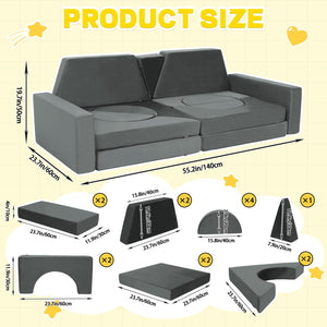 English Elm 14pcs Modular Foam Play Couch Set Convertible Toddler Fort Builder for Playrooms Light Gray T5880P493447