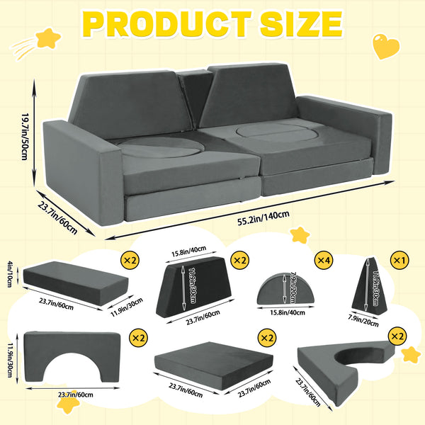 English Elm 14pcs Modular Foam Play Couch Set Convertible Toddler Fort Builder for Playrooms Light Gray T5880P493447