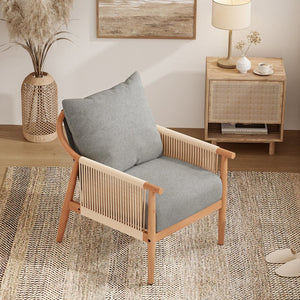 English Elm Braid Armchair Mid Century Modern Linen Wood Accent Chair with Ergonomic Support and Plush Cushioning Grey T3623P409105